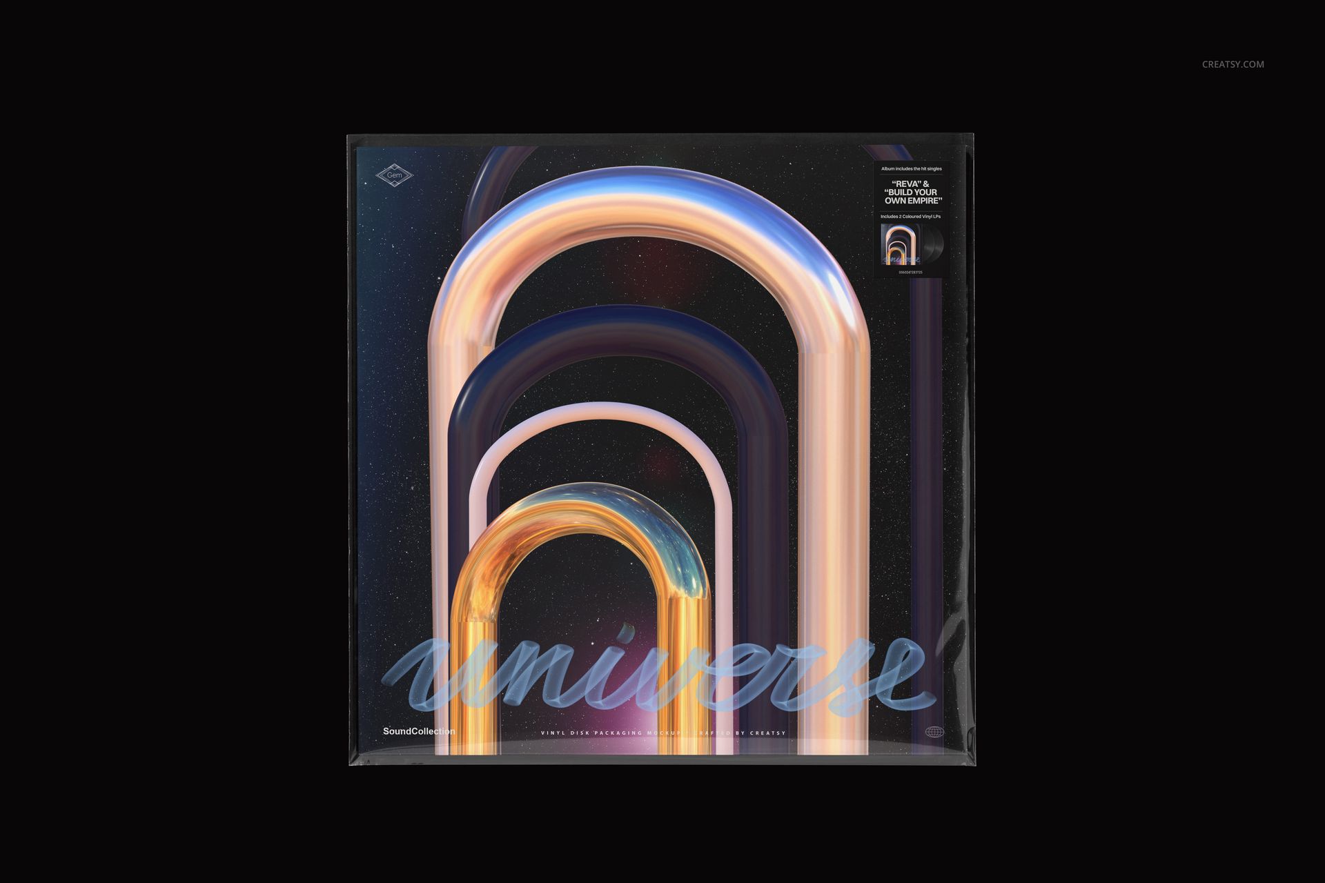 Front view of a black vinyl record mockup with a colorful abstract arch design on the cover, set against a dark background.