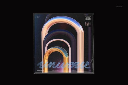 Front view of a black vinyl record mockup with a colorful abstract arch design on the cover, set against a dark background.