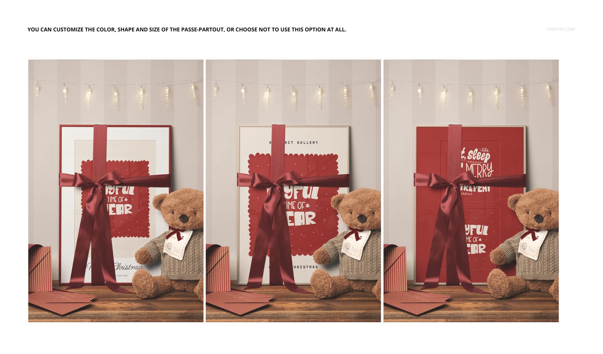 Front view of a kids Christmas scene with a picture frame mockup, red gift box, teddy bear, and string lights.
