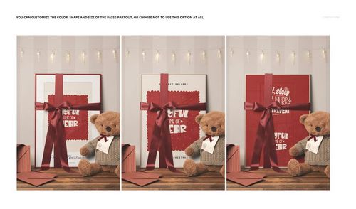 Front view of a kids Christmas scene with a picture frame mockup, red gift box, teddy bear, and string lights.