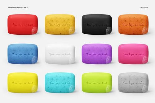Soap mockup with multiple color options, showing front view of bars with different hues and customizable writing.