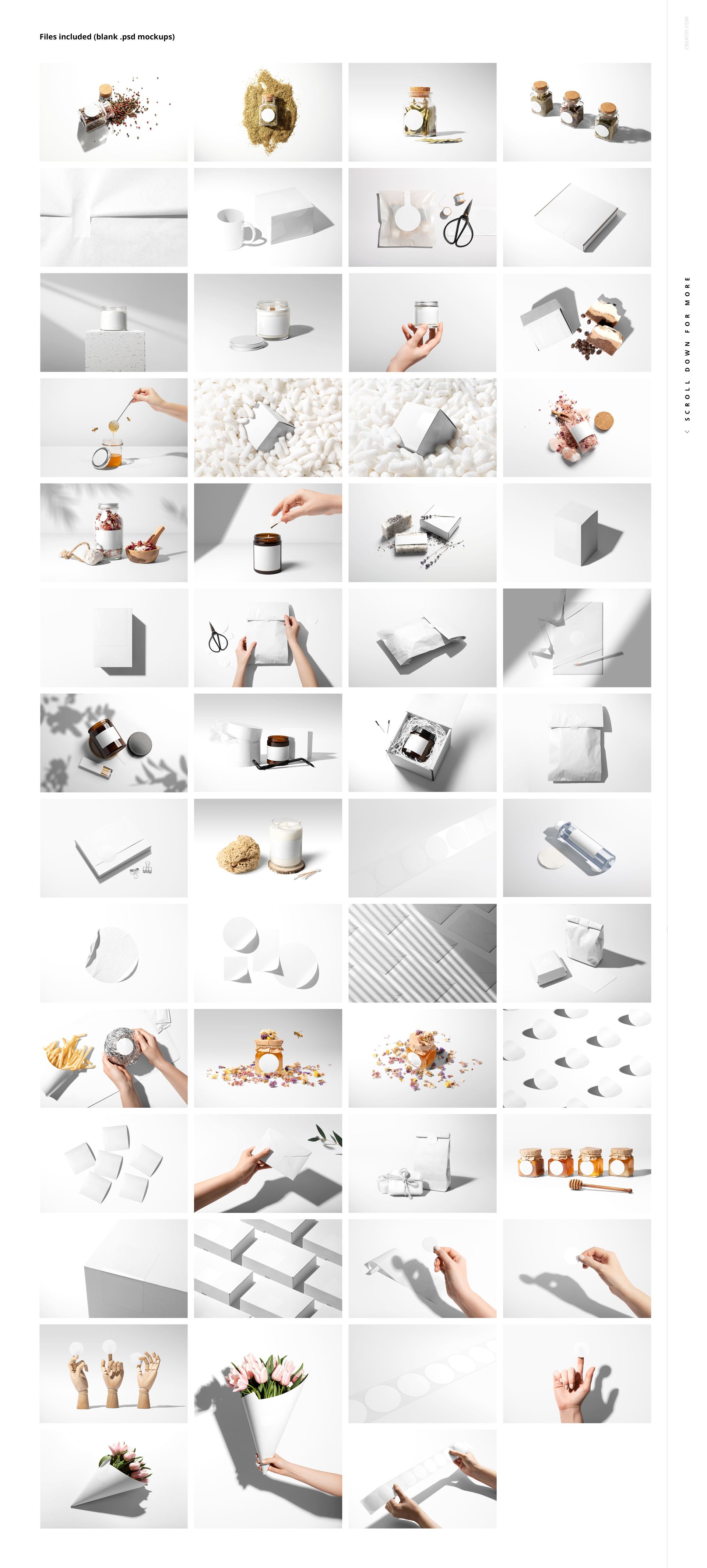 Sticker mockup bundle showing various blank stickers, packaging, and props in bright lighting from different angles.