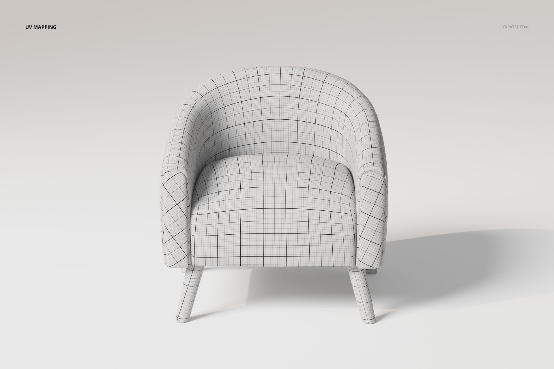 Front view of a lamb accent chair 3D model with a grid pattern for UV mapping, shown against a plain background.