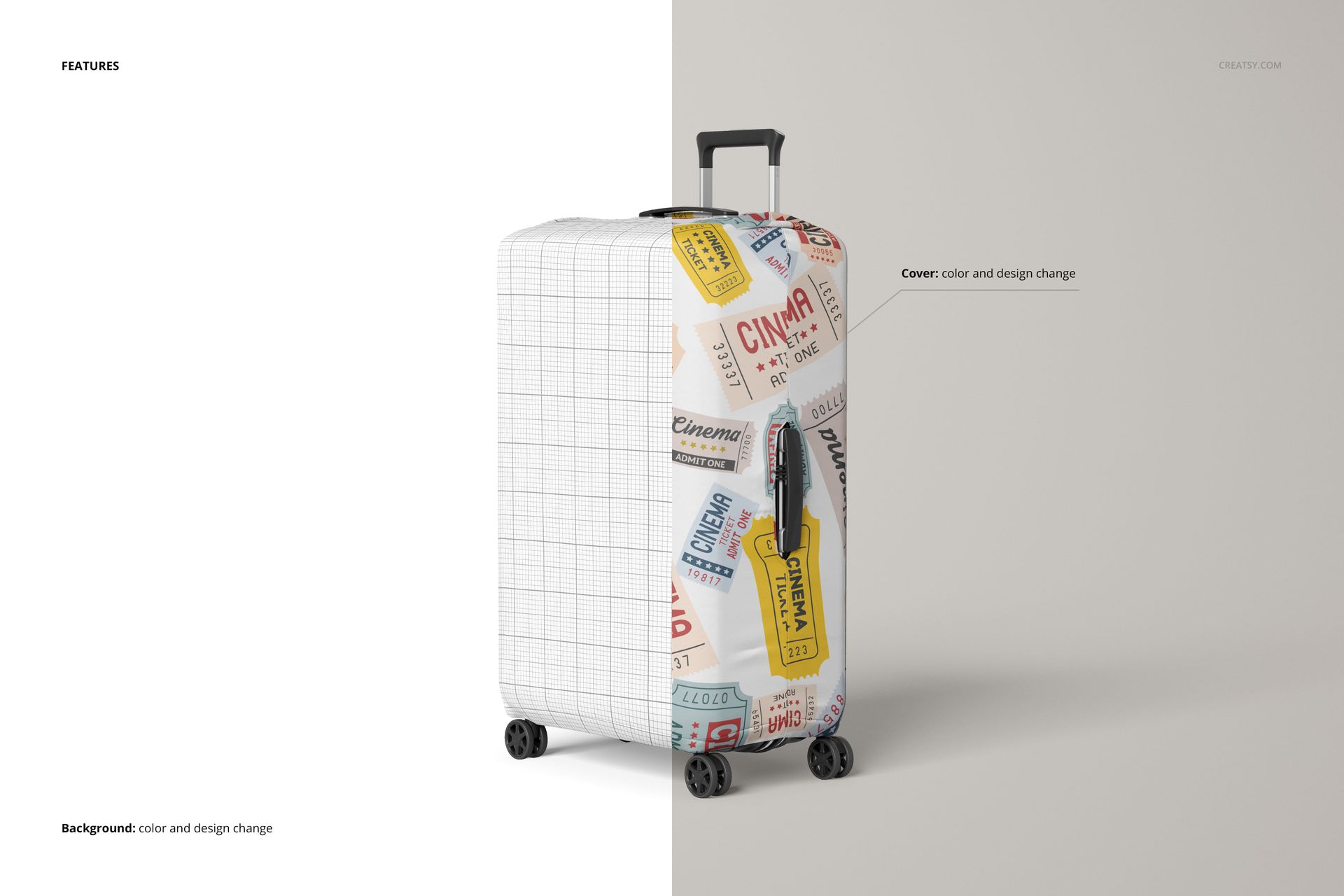 Front view of a suitcase with a luggage cover featuring colorful travel ticket patterns, shown in a split mockup scene.