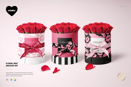PSD mockup of floral packaging boxes, each filled with red roses and adorned with unique pink, black, and white patterns.