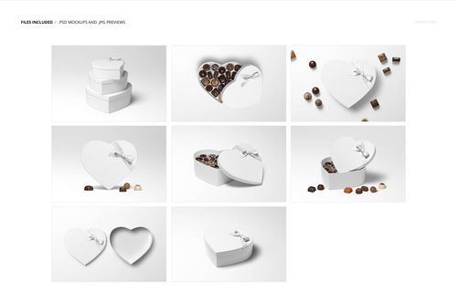 Heart-shaped chocolate box mockup set featuring white boxes with ribbons, shown from various angles and open views.