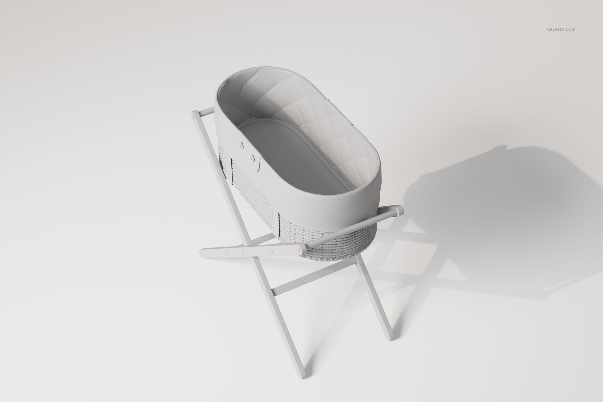 Top view of a boho style bassinet 3D model with an oval shape, light neutral colors, and a woven texture.
