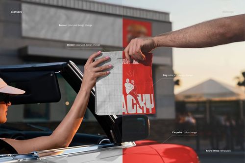 Close-up of a fast food burger paper bag being handed from a car window, showing color and design changes in a mockup scene.