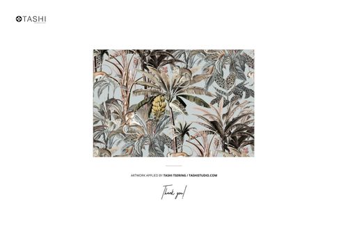 Rectangular silk face mask mockup with tropical foliage and animal print pattern, shown from a front view on white background.