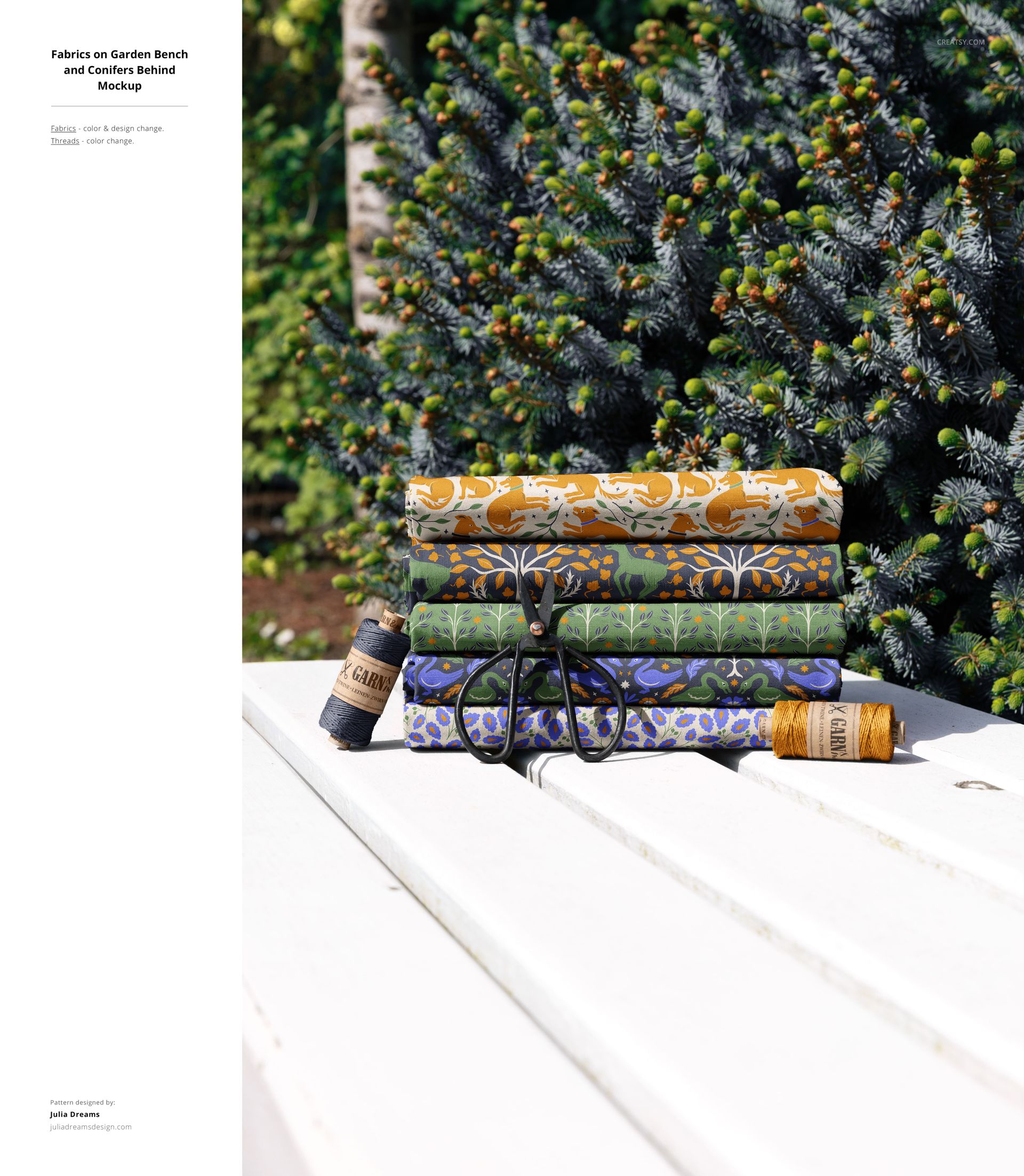 PSD mockup showing assorted decorative fabric bundles tied with string, placed on a garden bench near pine branches.