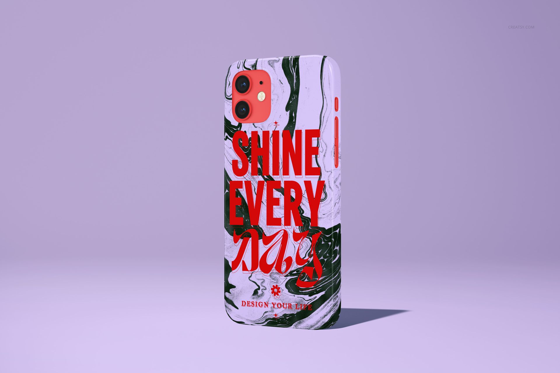 Glossy iPhone 12 snap case mockup with bold red text and abstract black and white marble pattern, front view.