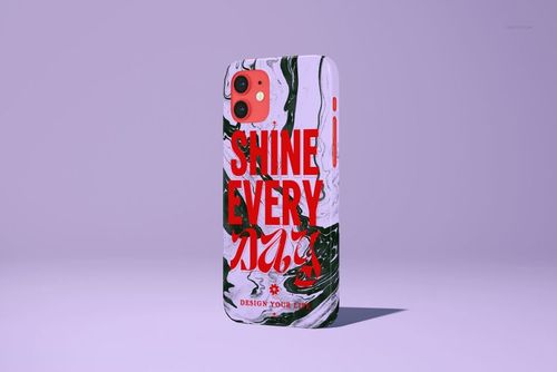 Glossy iPhone 12 snap case mockup with bold red text and abstract black and white marble pattern, front view.