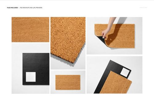 Top and angled views of rectangular natural coir door mats in various sizes, shown on white and black backgrounds.
