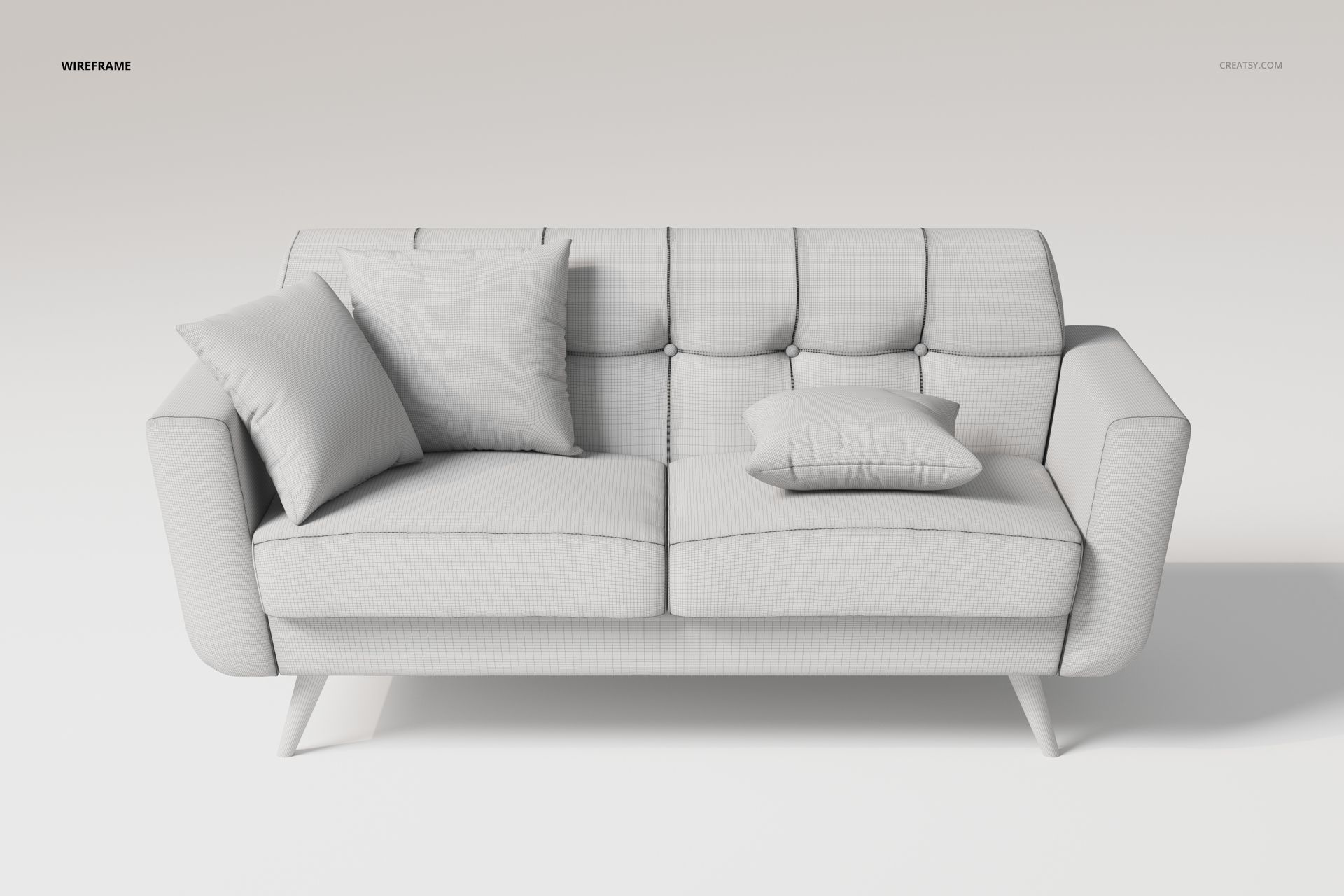 Front view of a Scandinavian style sofa in light gray fabric with tufted backrest and three accent pillows on a plain background.