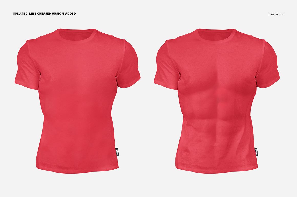PSD mockup set featuring two red t-shirts, displayed side by side, highlighting different fabric textures and fit.