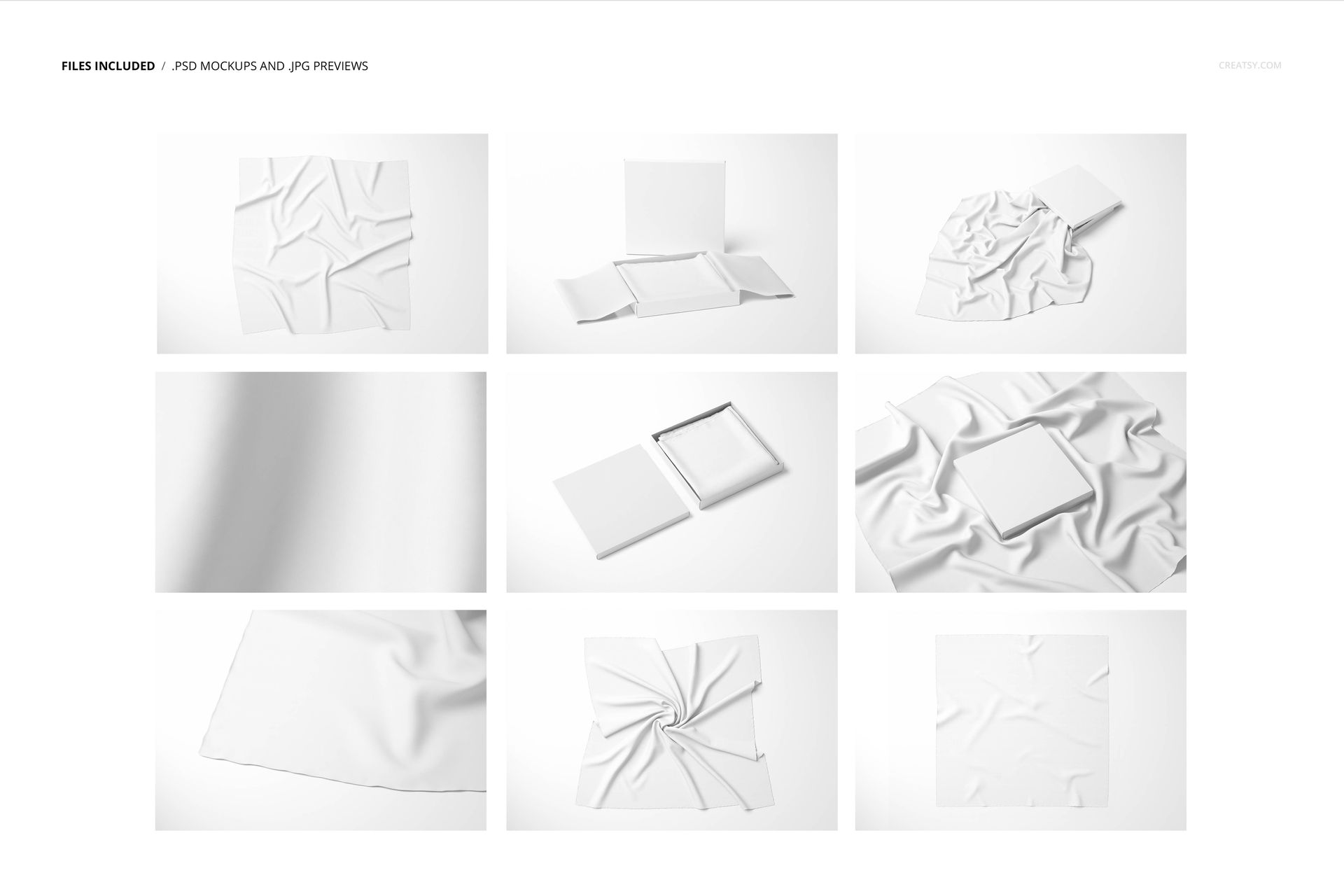 Set of twill silk scarf mockups showing various folded and flat arrangements with a white fabric texture.