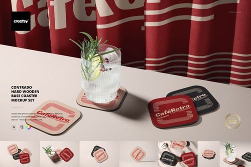 PSD mockup featuring square coasters with retro patterns, arranged beside a clear drink and a red striped curtain.