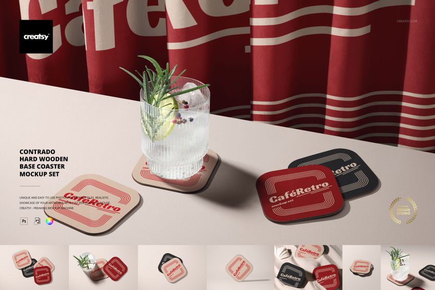 PSD mockup featuring square coasters with retro patterns, arranged beside a clear drink and a red striped curtain.