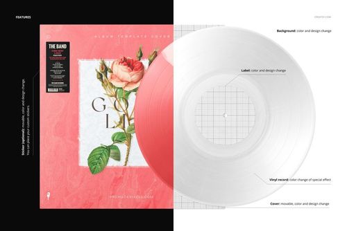 Front view of a vinyl record and cover mockup with split effect, featuring a pink floral design on the left and a transparent record on the right.