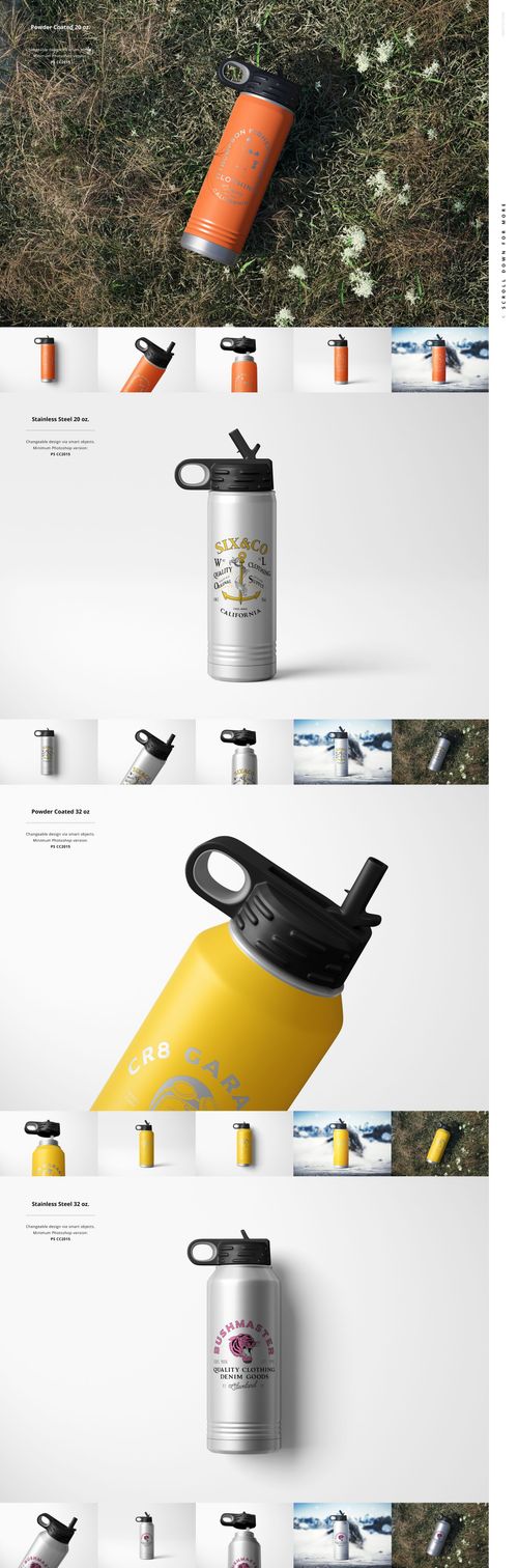 Water bottle mockup bundle featuring multiple bottles with custom prints, shown upright and lying on grass and white surfaces.