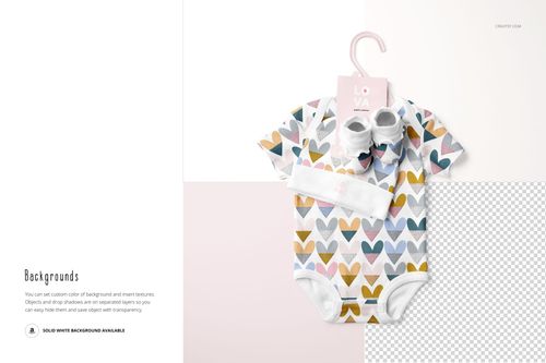 Baby onesie, hat, and booties mockup with multicolored heart pattern, displayed on a hanger against a light background.