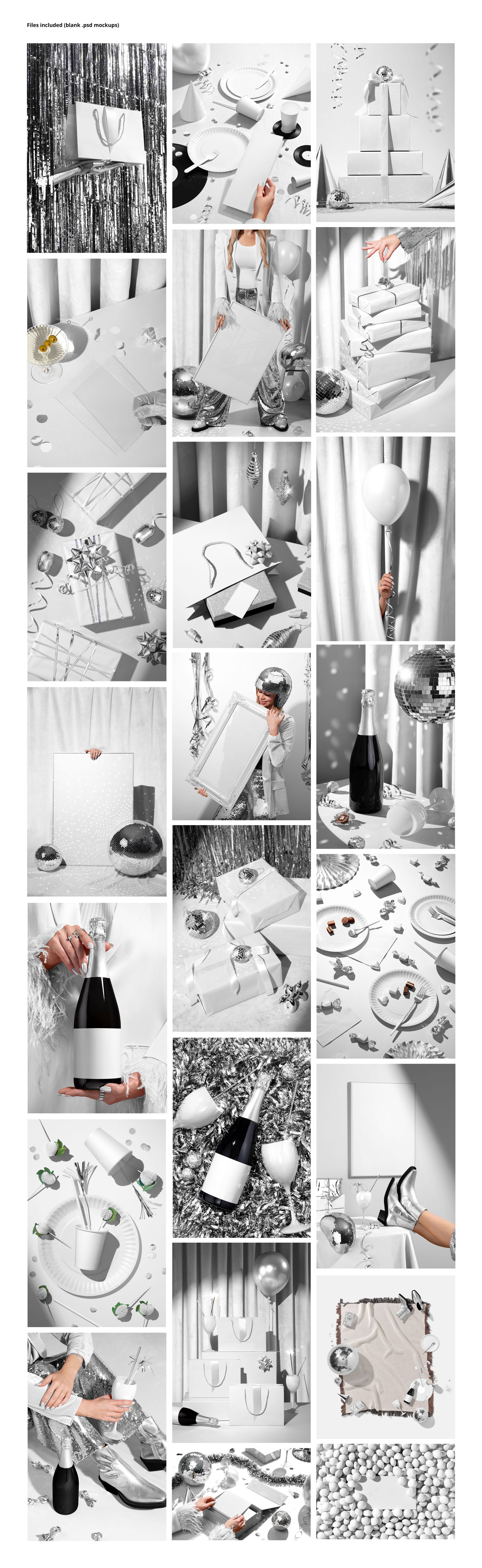 Collage of party-themed PSD mockups featuring gift bags, boxes, tableware, champagne bottles, and festive decorations.