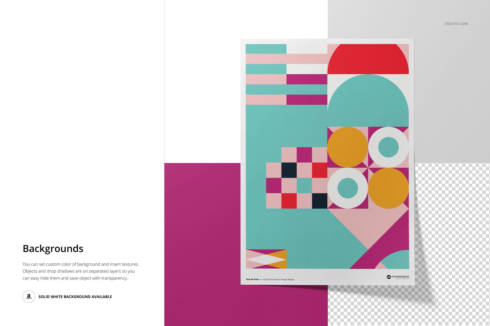 A3 fine art print mockup featuring a geometric abstract design with bold colors on a white paper, shown from above.