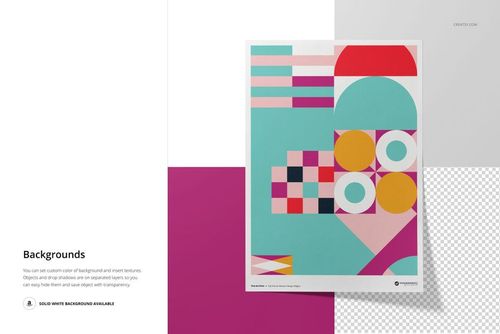 A3 fine art print mockup featuring a geometric abstract design with bold colors on a white paper, shown from above.
