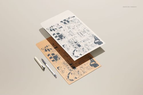 Mockup of kraft mailer packaging with hand-drawn graphics, shown from a top view with writing instruments nearby.