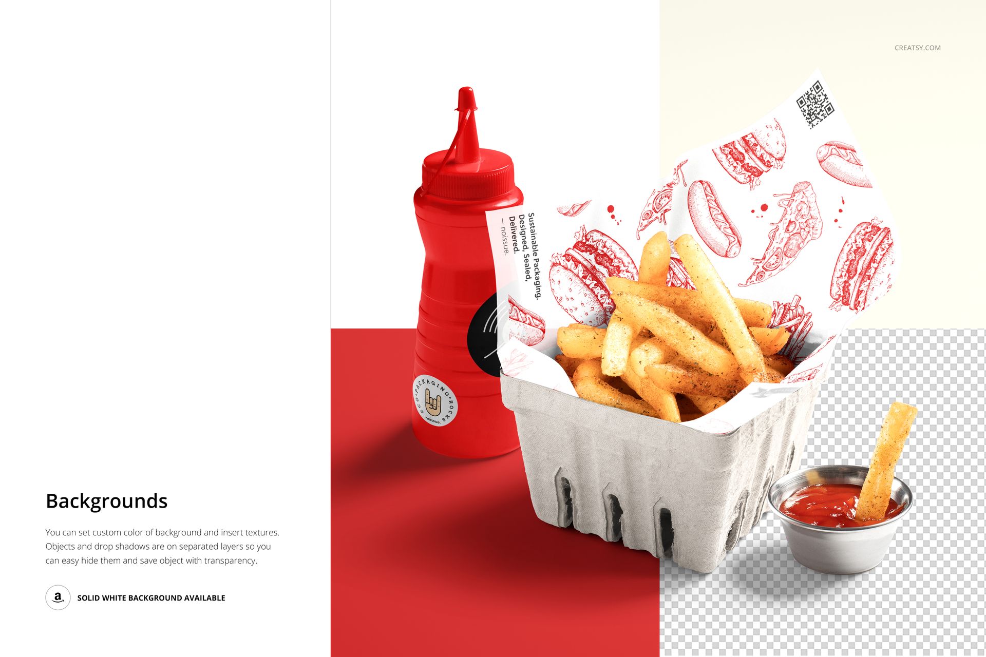Mockup of french fries in a gray carton with printed food safe paper, ketchup bottle and sauce cup on a split red and white background.