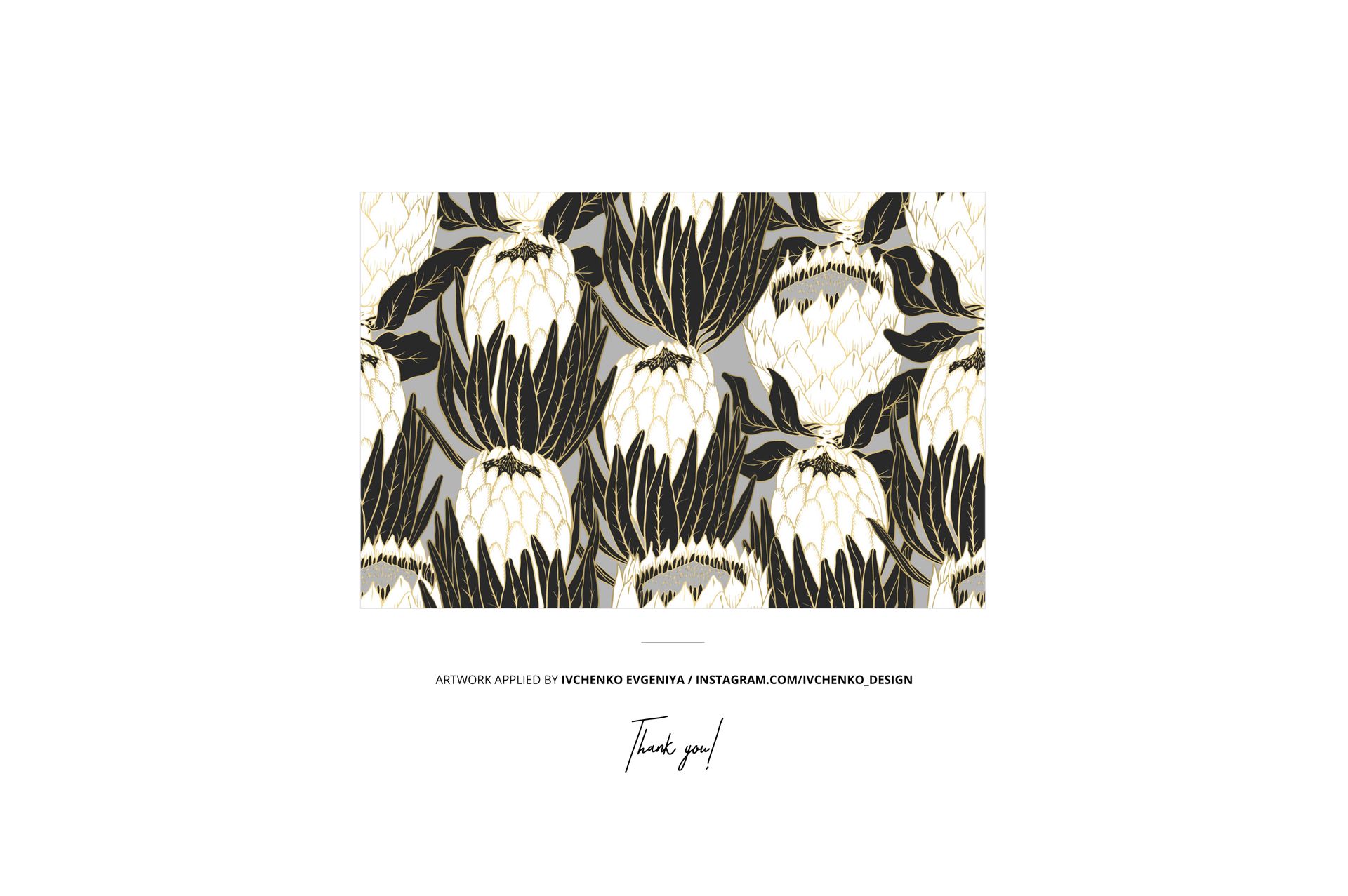 Rectangular mockup featuring a repeating floral pattern in black, white, and gold tones on a neutral background.