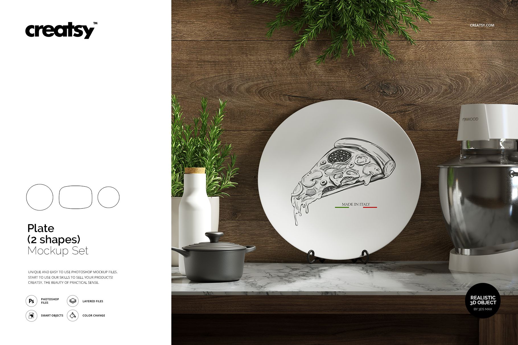 Kitchen scene featuring a white plate mockup with pizza artwork, surrounded by a mixer, pots, and minimalist decor.