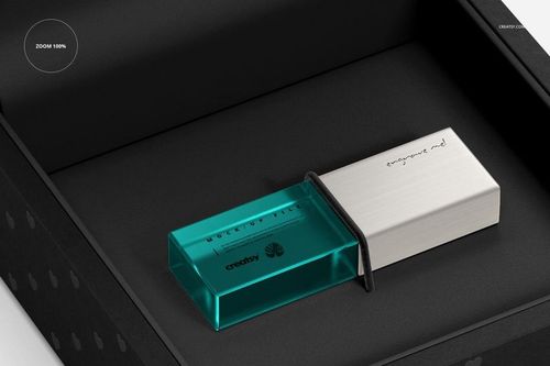 Close-up of acrylic USB drive slide box mockup featuring a teal acrylic section and metallic sliding lid in black box.