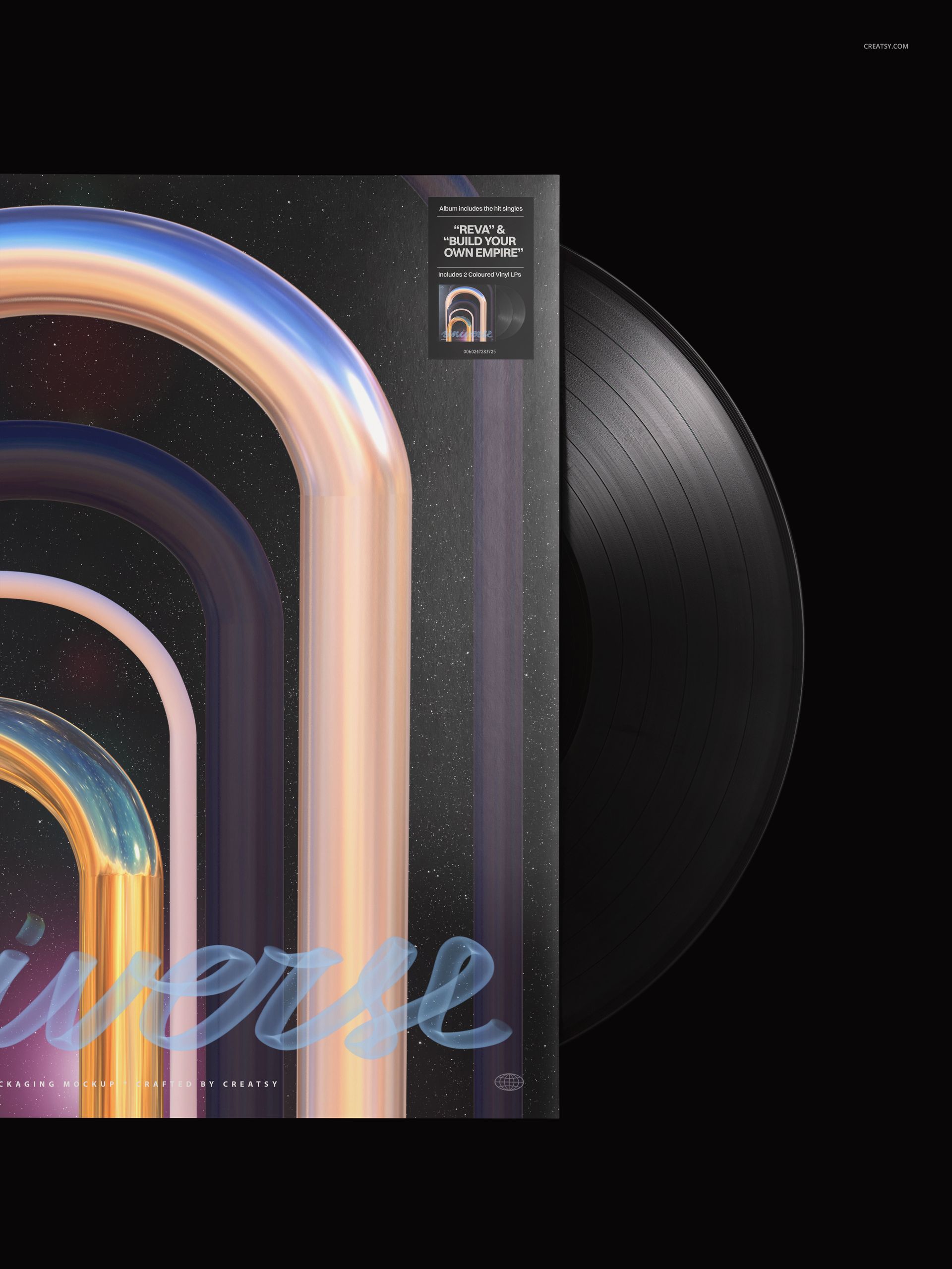 Front view of a black vinyl record mockup with a vibrant, abstract album cover featuring curved lines and cosmic details.