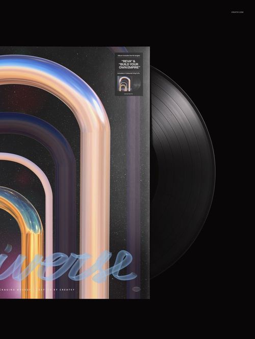 Front view of a black vinyl record mockup with a vibrant, abstract album cover featuring curved lines and cosmic details.
