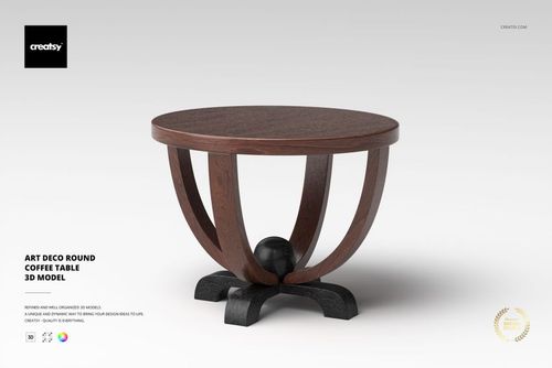 Round coffee table with art deco design, featuring curved wooden legs and a dark wood tabletop, front view on white background.