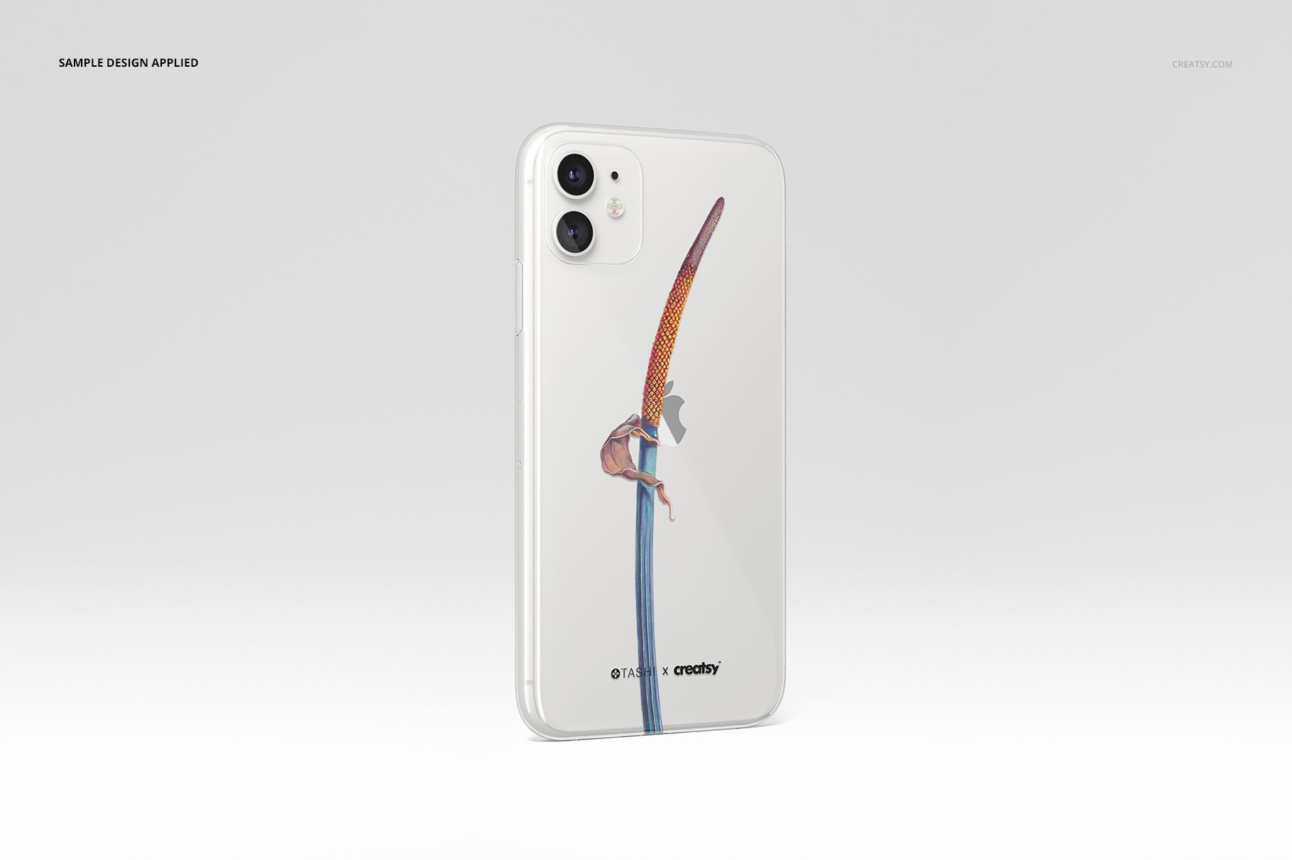 PSD mockup of an iPhone 11 with a clear protective case, showcasing a creative graphic on the back, isolated on white.