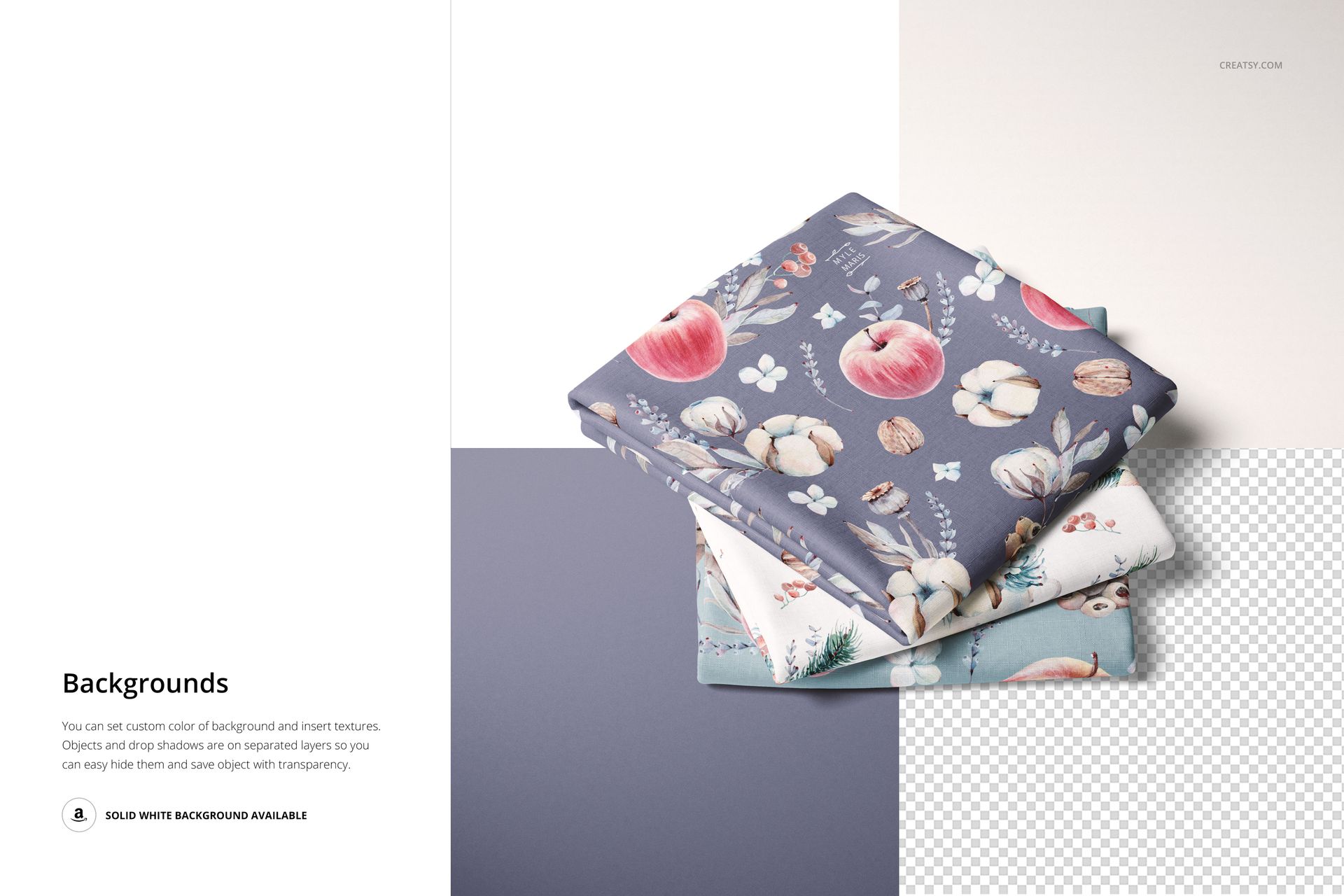 PSD mockup of stacked folded fabrics with decorative prints, presented on a partially transparent and solid colored surface.
