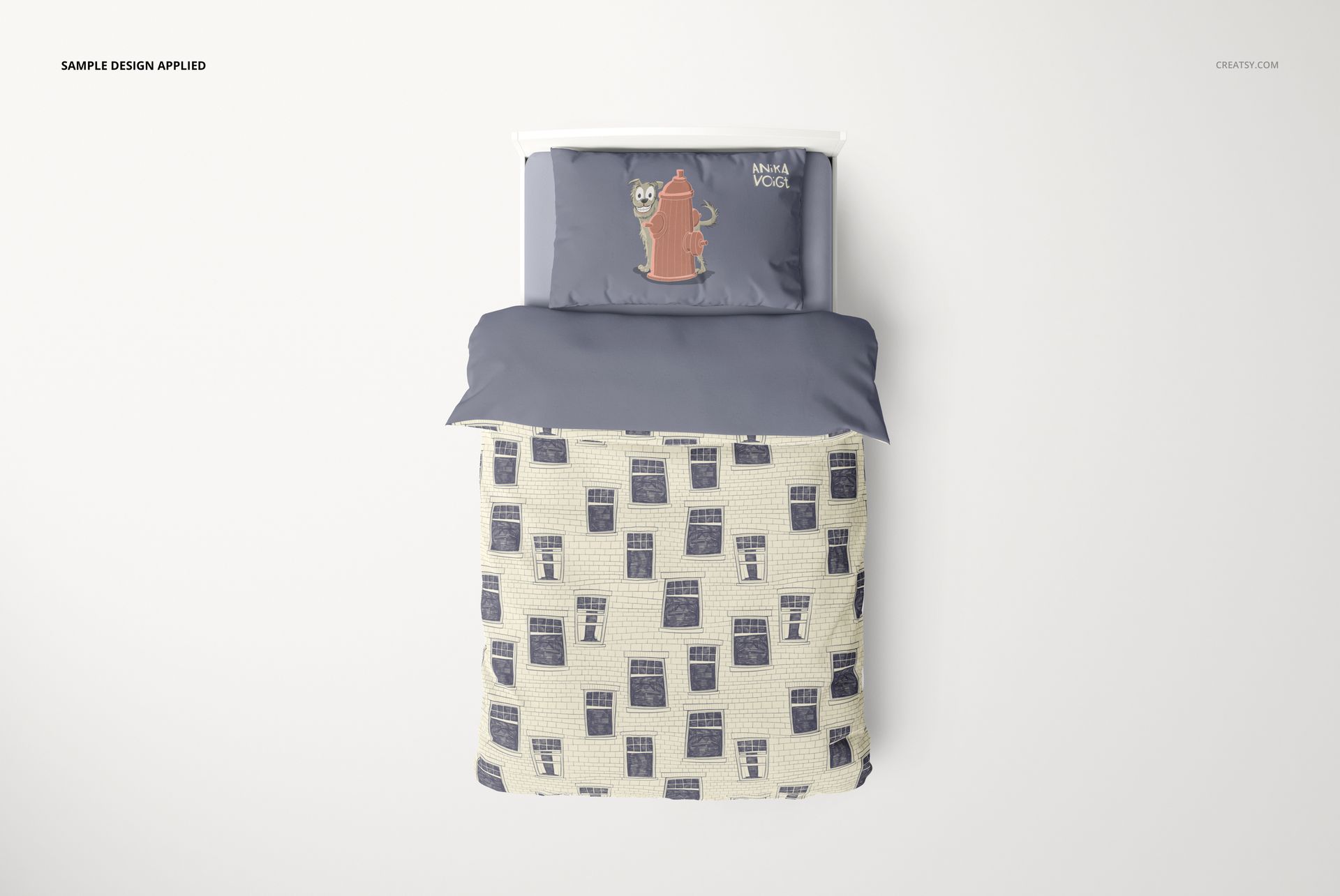 Kids bedding set mockup featuring a front view of a bed with illustrated pillow and patterned blanket on a white background.