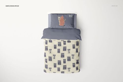 Kids bedding set mockup featuring a front view of a bed with illustrated pillow and patterned blanket on a white background.