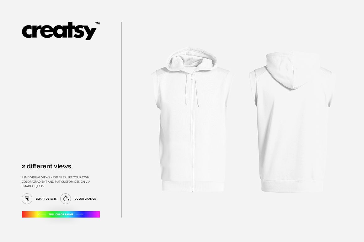 White sleeveless hoodie mockup with hood, presented in two perspectives against a simple background for design preview.