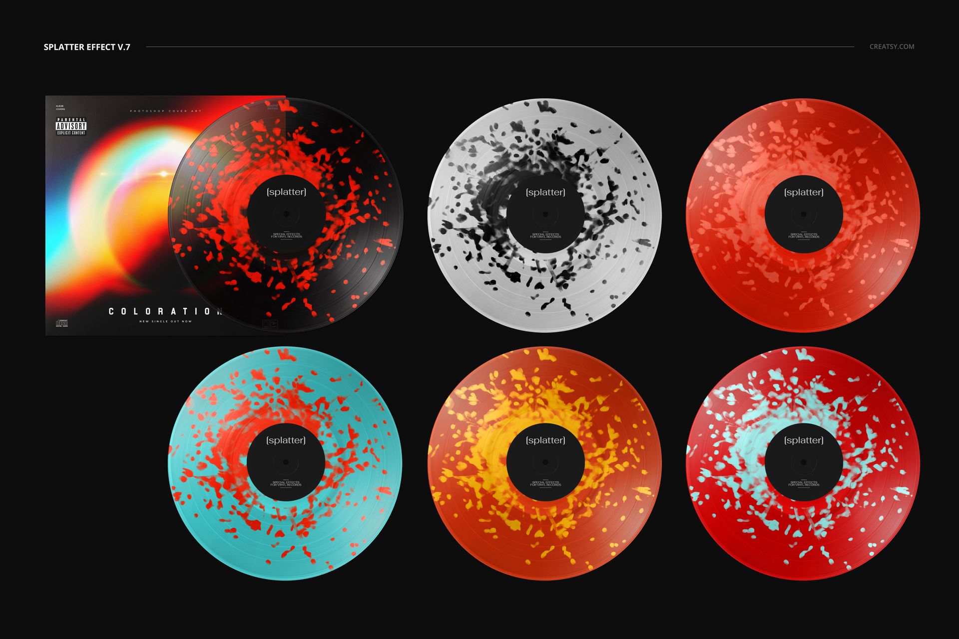 PSD mockup featuring six vinyl records with unique splatter designs and a multicolored album cover, arranged in a grid layout.