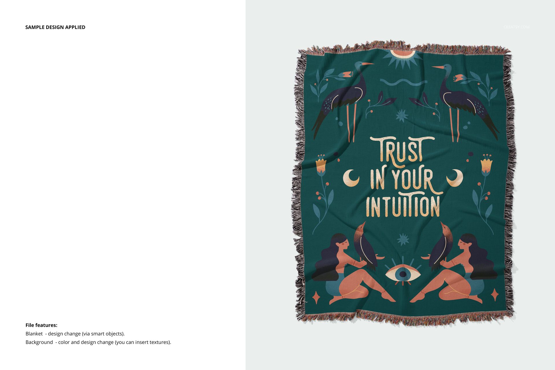 Jacquard throw blanket mockup featuring a colorful design with birds, stars, and two seated figures, top-down perspective.