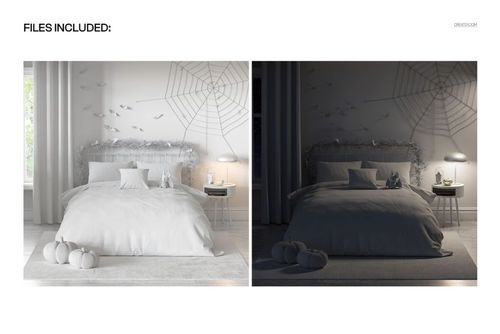 Halloween themed bedroom mockup featuring a duvet cover, spider web wall art, bats, and pumpkins in light and dark settings.