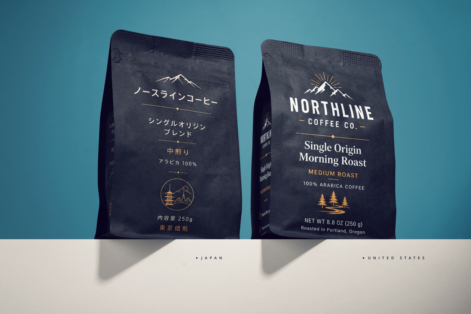 Coffee bag mockup comparing Japanese and US label versions with different language hierarchy, barcode style, and front quantity details
