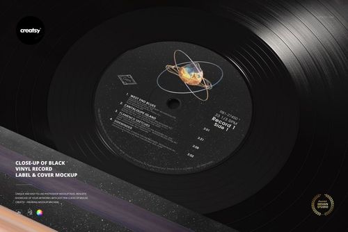 Black vinyl record and cover mockup displayed from a close angle, highlighting the circular grooves and label artwork.