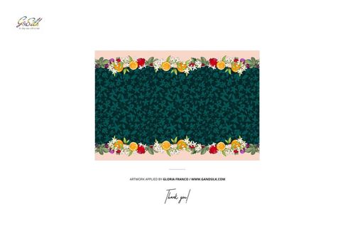 Rectangular habotai silk scarf mockup with green leafy pattern and floral border, displayed on white background.