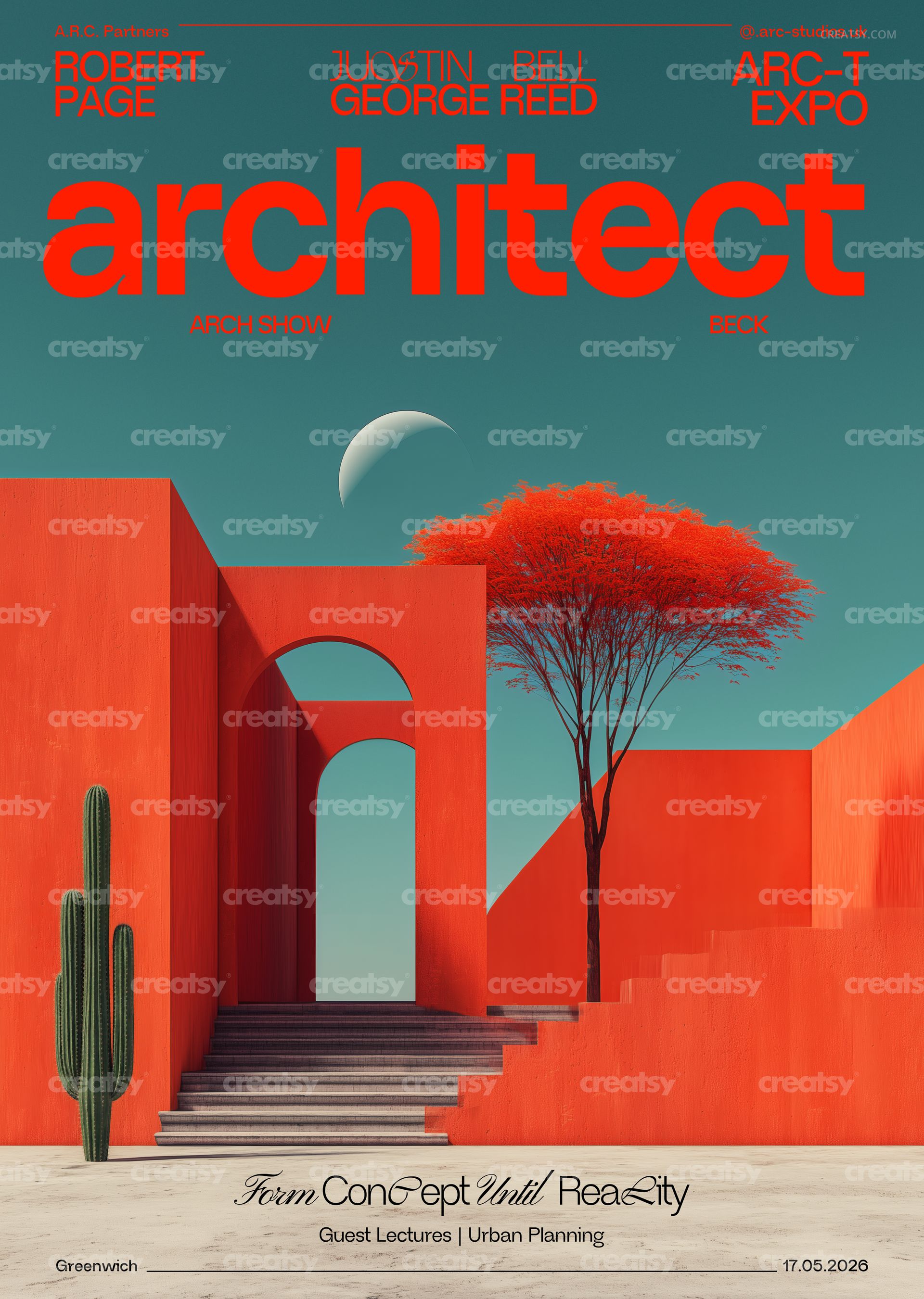Front view of a PSD mockup poster with modern architecture elements, red walls, an arch, cactus, and a crescent moon.