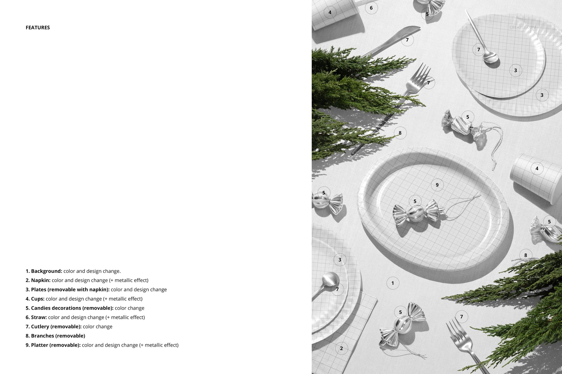 Disposable oval paper platter mockup set featuring plates, cups, napkins, and cutlery in a festive table scene with greenery.