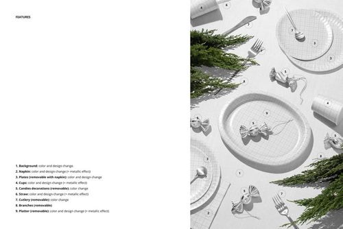 Disposable oval paper platter mockup set featuring plates, cups, napkins, and cutlery in a festive table scene with greenery.